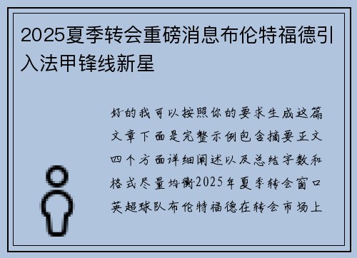 2025夏季转会重磅消息布伦特福德引入法甲锋线新星